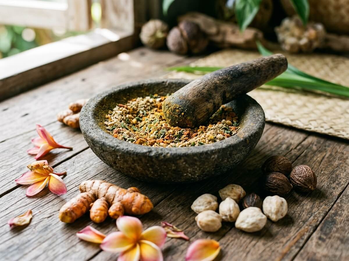 stone mortar with fresh balinese botanicals including turmeric kemiri and illipe