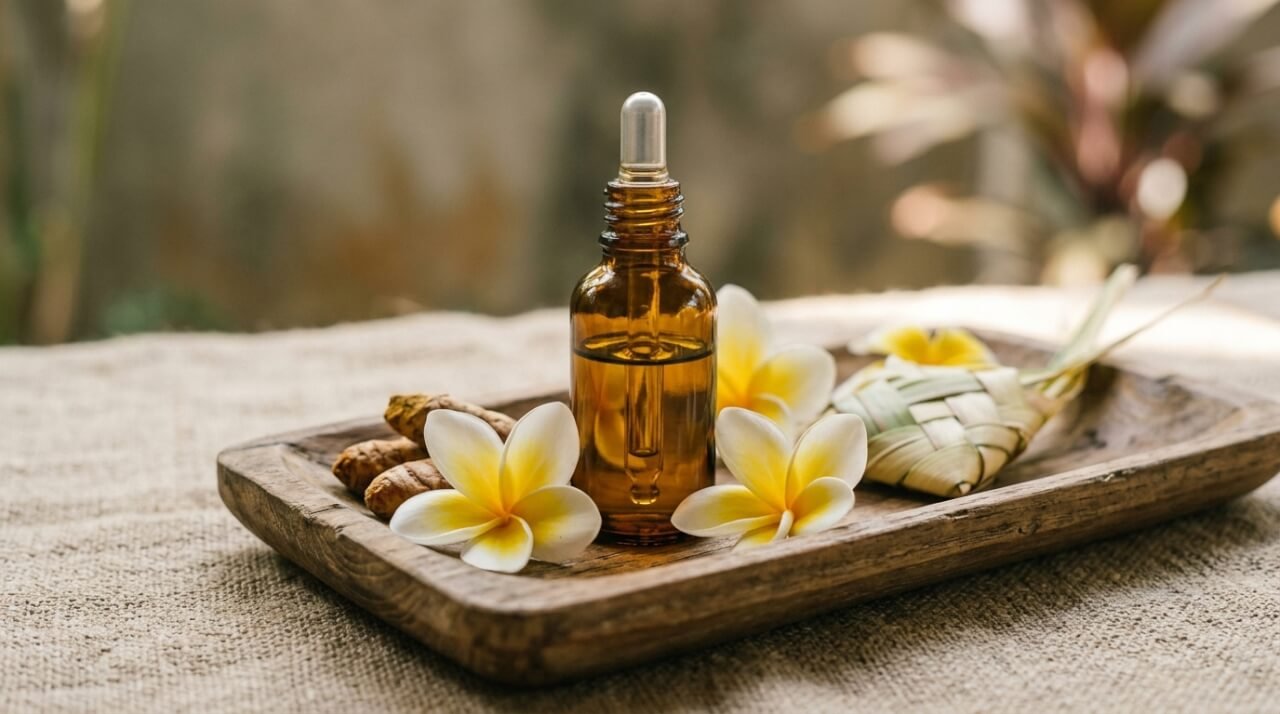 balinese face oil in an amber glass dropper bottle on a teak tray with frangipani and turmeric
