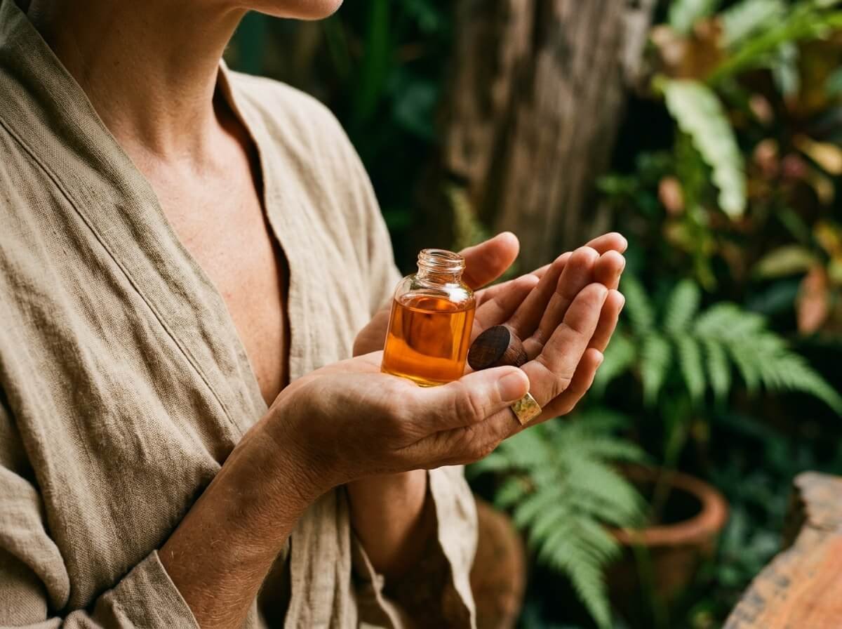 hands holding an open vial of face oil close to the chest in a quiet morning ritual
