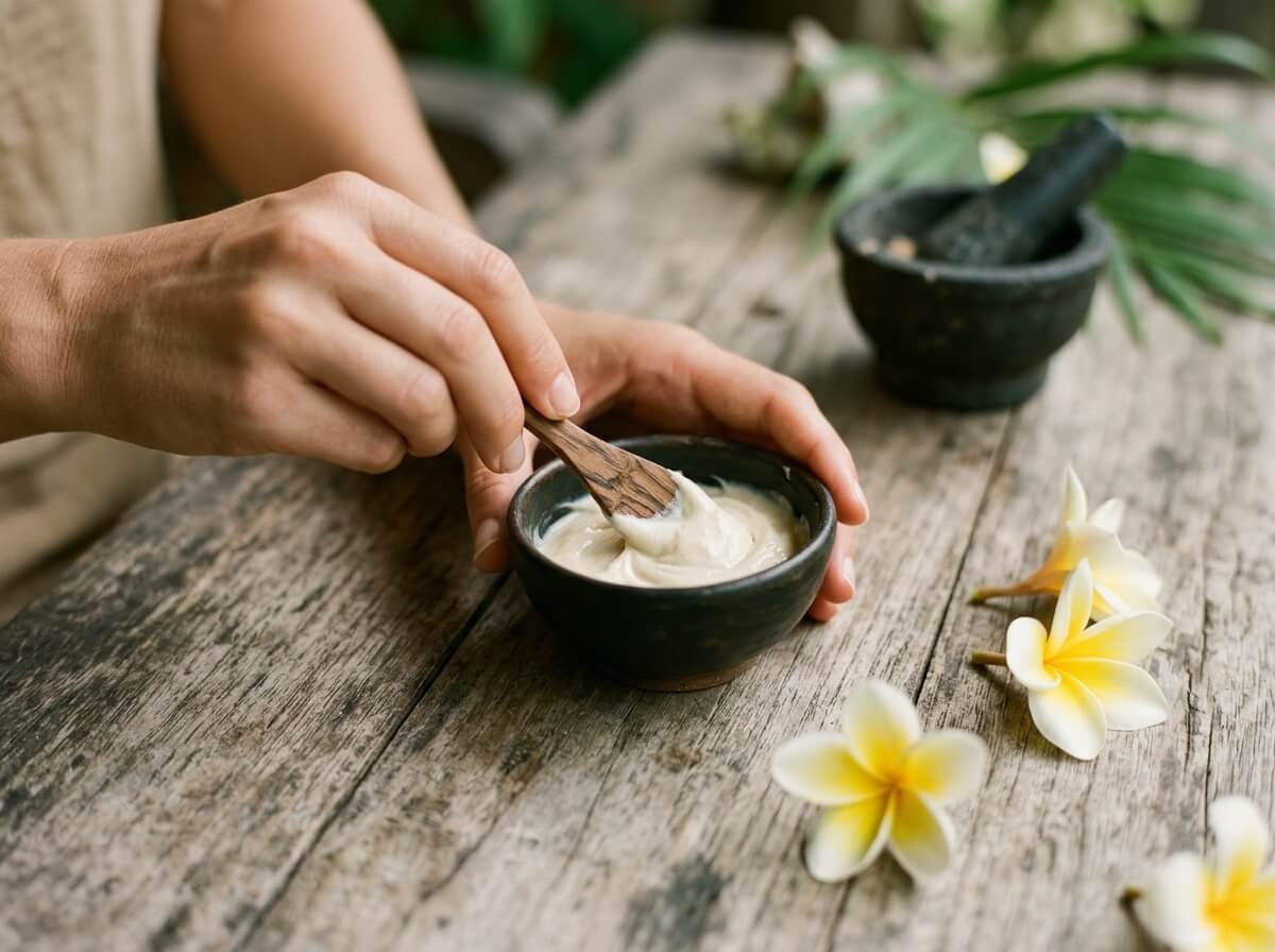 Balinese hands blending botanical face cream in a small ceramic bowl, with fresh frangipani petals nearby on a wooden table