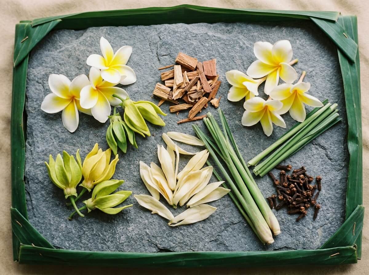 Balinese botanical palette of frangipani, ylang-ylang, sandalwood, cempaka, lemongrass, and clove on stone