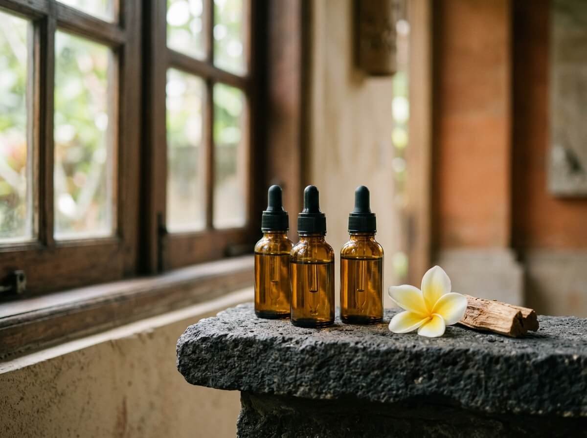 amber dropper bottles of Balinese massage oil on stone shelf with frangipani and sandalwood