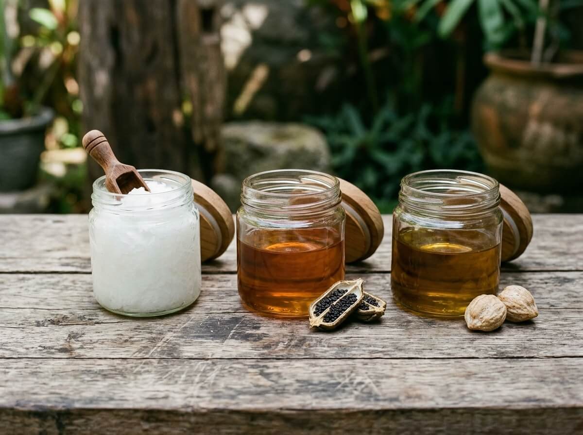 coconut oil, sesame oil, and kemiri candlenut oil in glass jars on teak boards