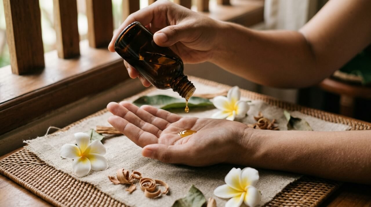 balinese massage oil being poured from amber dropper bottle into open palm with frangipani flowers