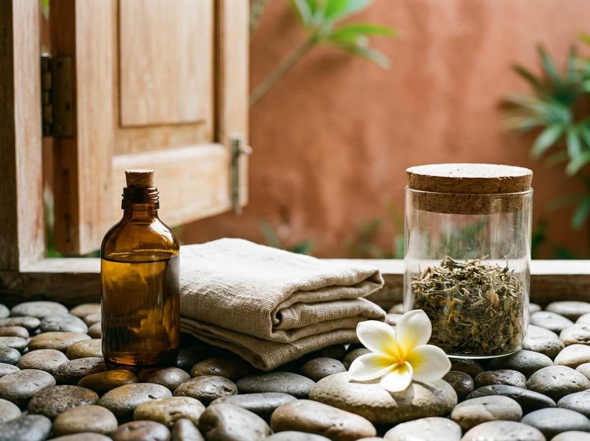 refillable Balinese massage oil bottle, linen towel, and stone tile in morning light