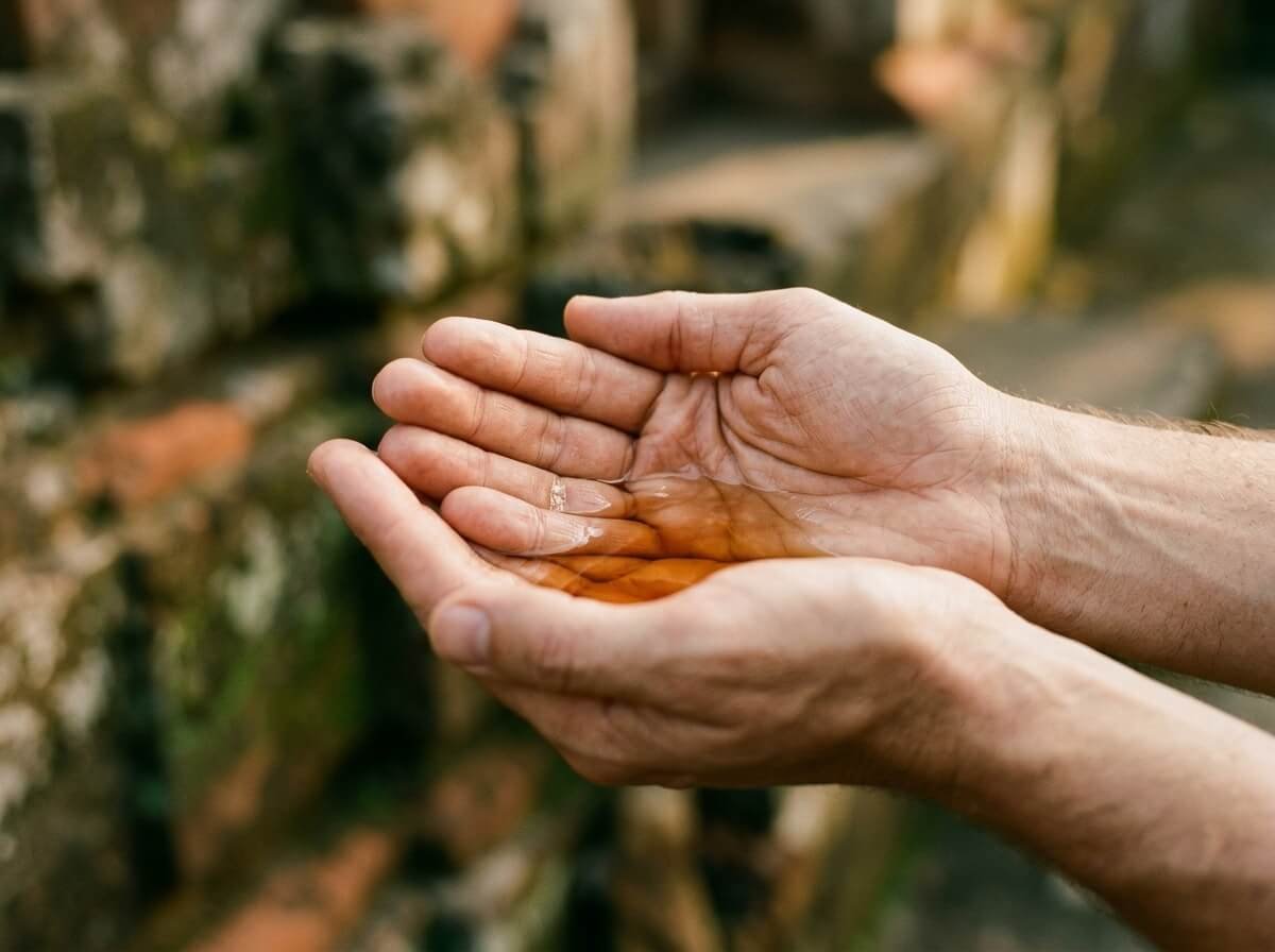warming Balinese massage oil between cupped palms at sundown