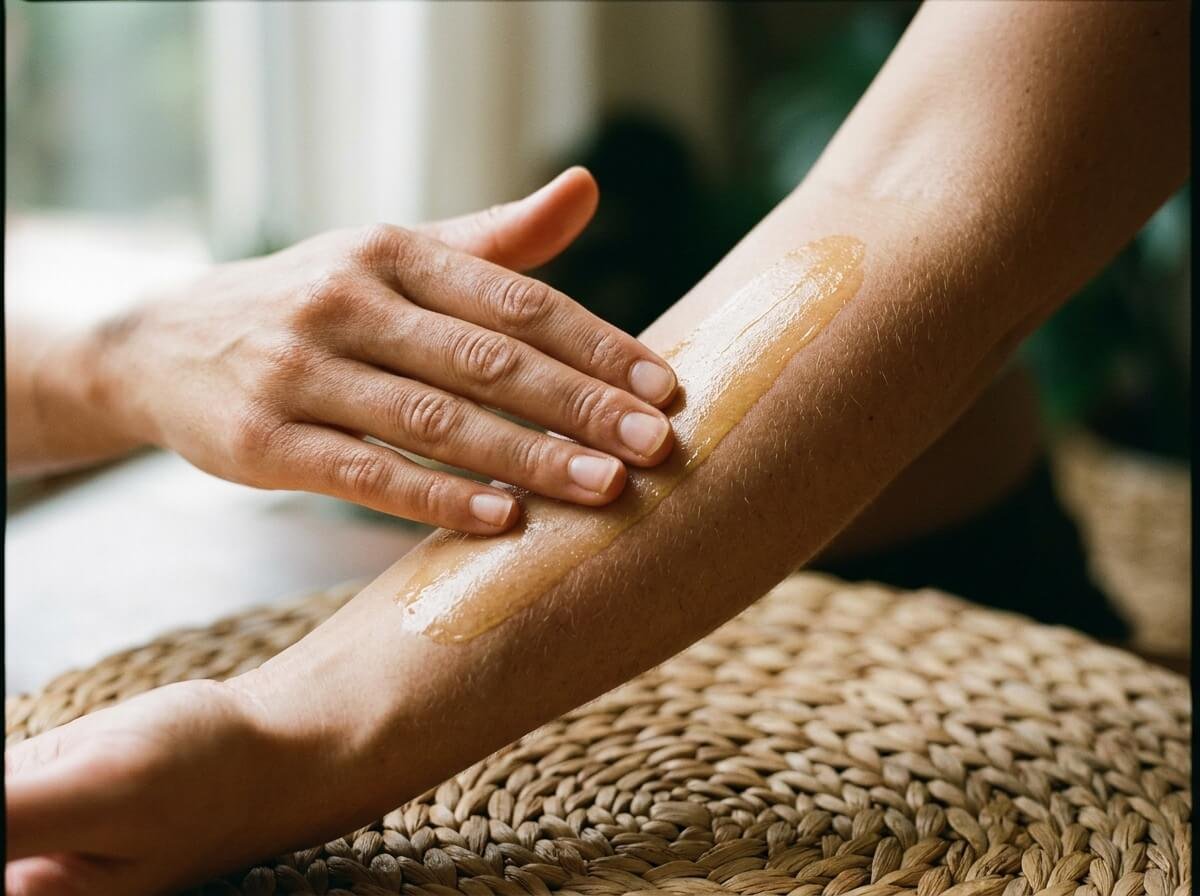 hand applying Balinese massage oil to forearm in long upward stroke