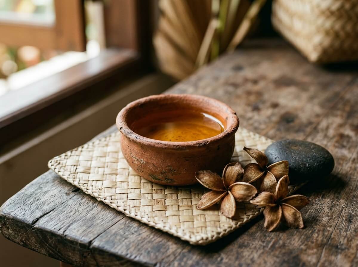Balinese clay vessel with golden massage oil and frangipani blossoms on woven palm leaf