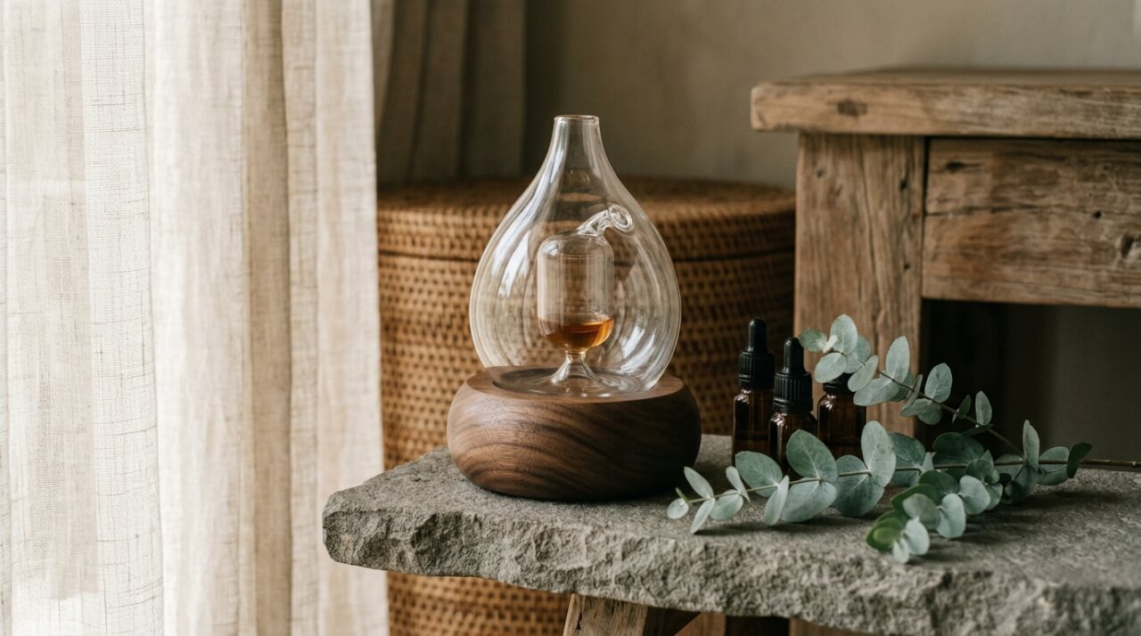 best essential oil diffuser glass nebulizing on stone shelf with botanical oils