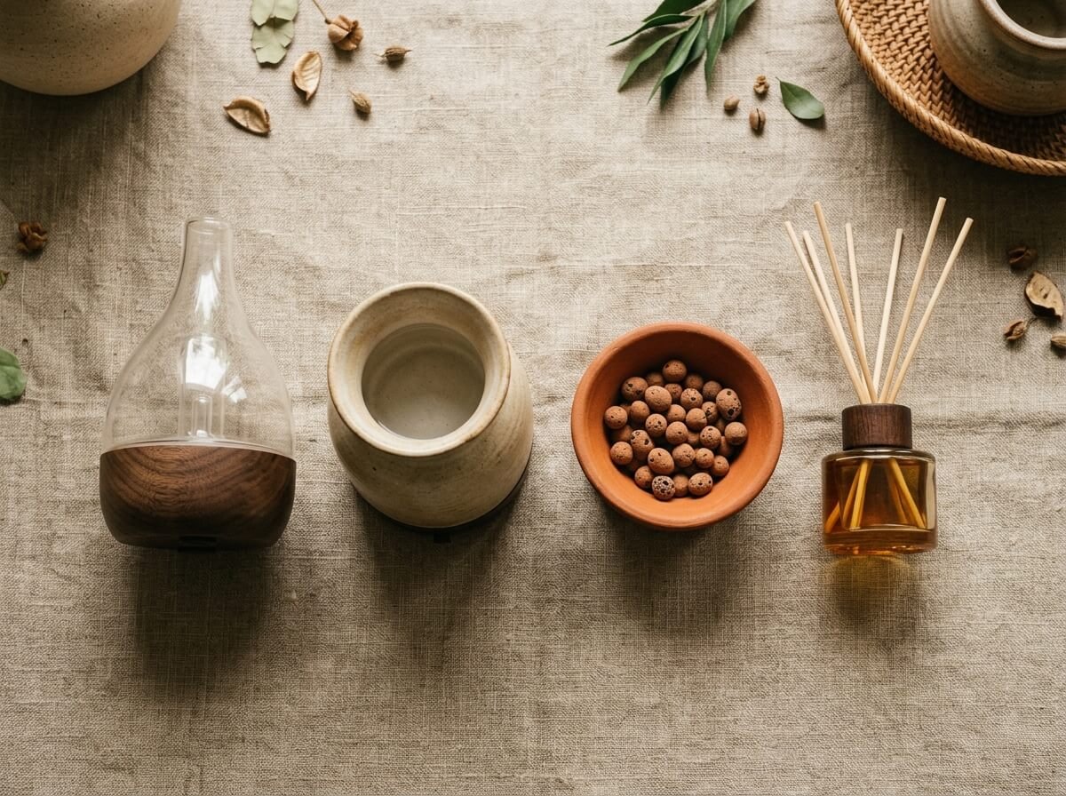 four types of essential oil diffusers flat lay