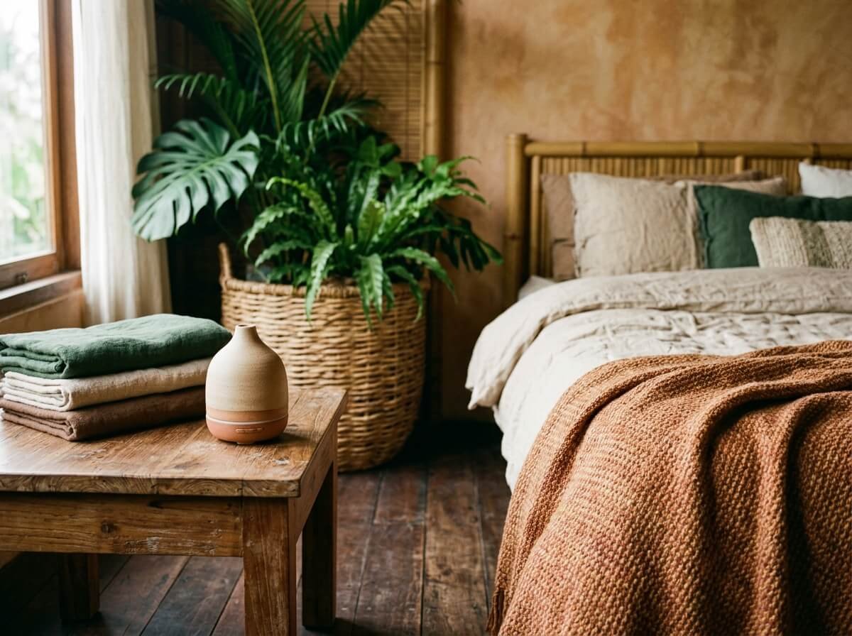 essential oil diffuser in calm Balinese bedroom corner