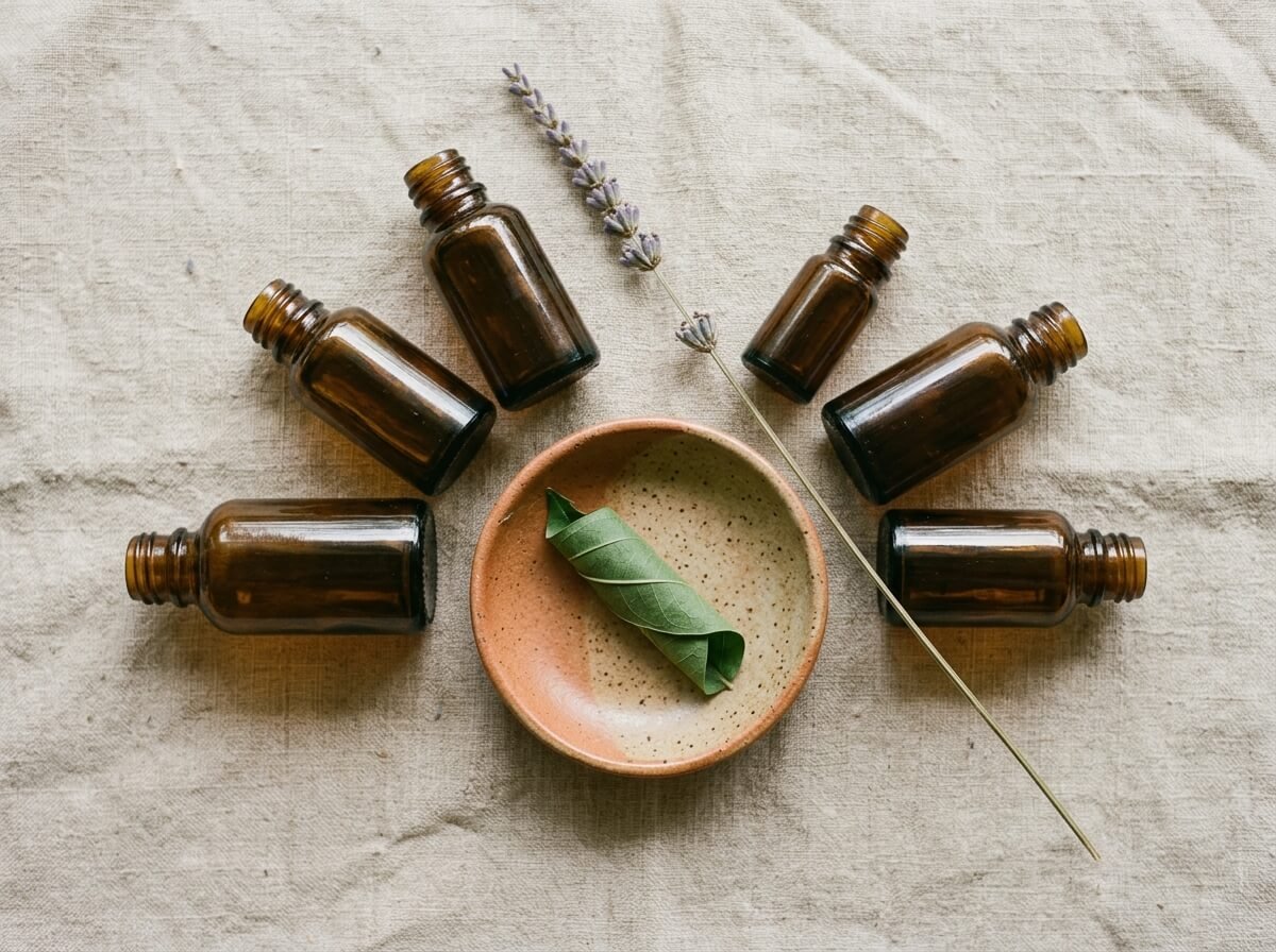 essential oils and blends in amber bottles arranged for diffuser pairing