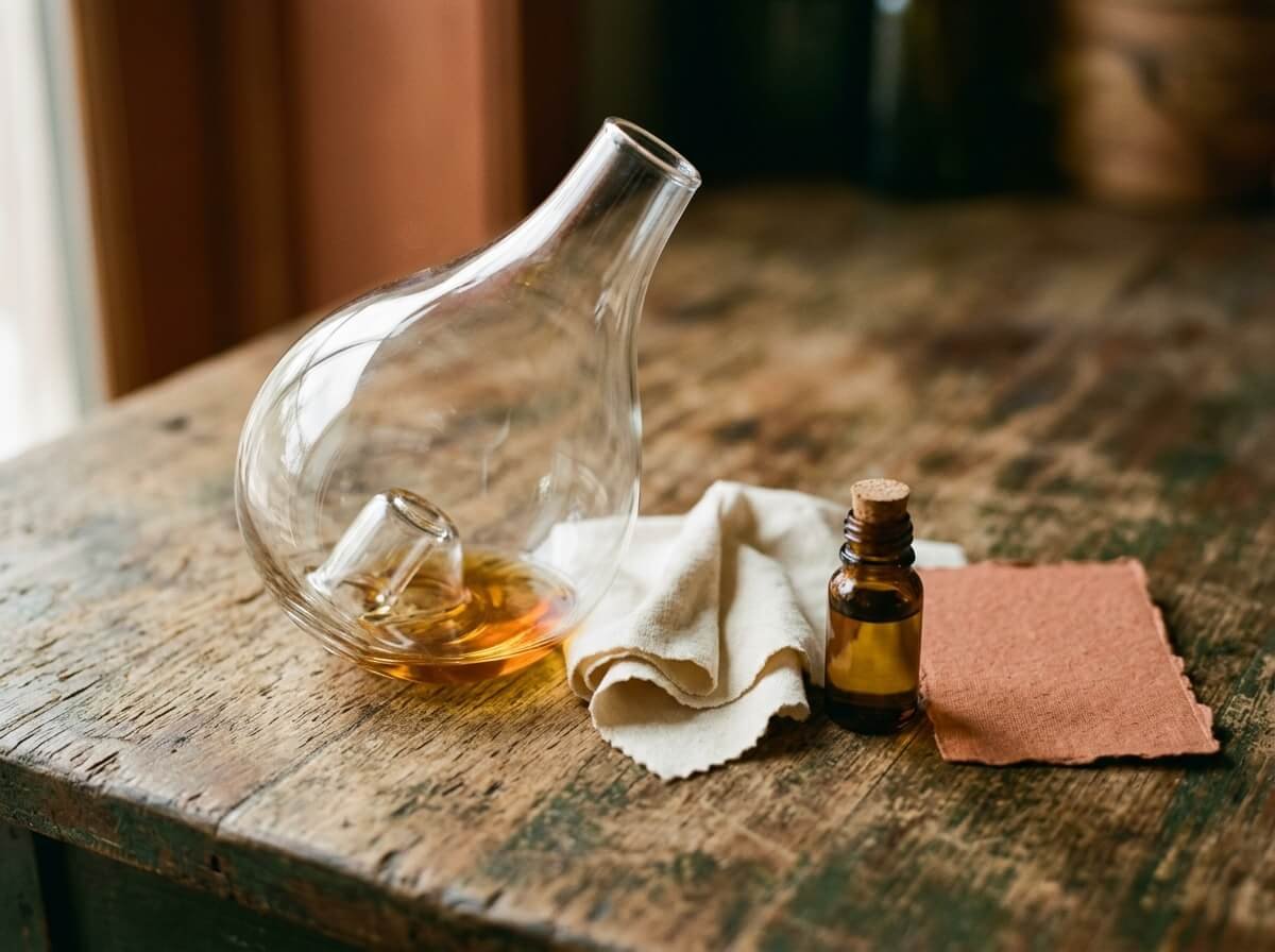 diffuser cleaning and maintenance with cloth and amber bottle