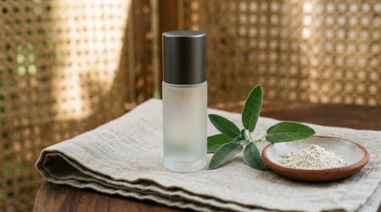 best aluminum free deodorant glass roll-on bottle on linen with sage and arrowroot