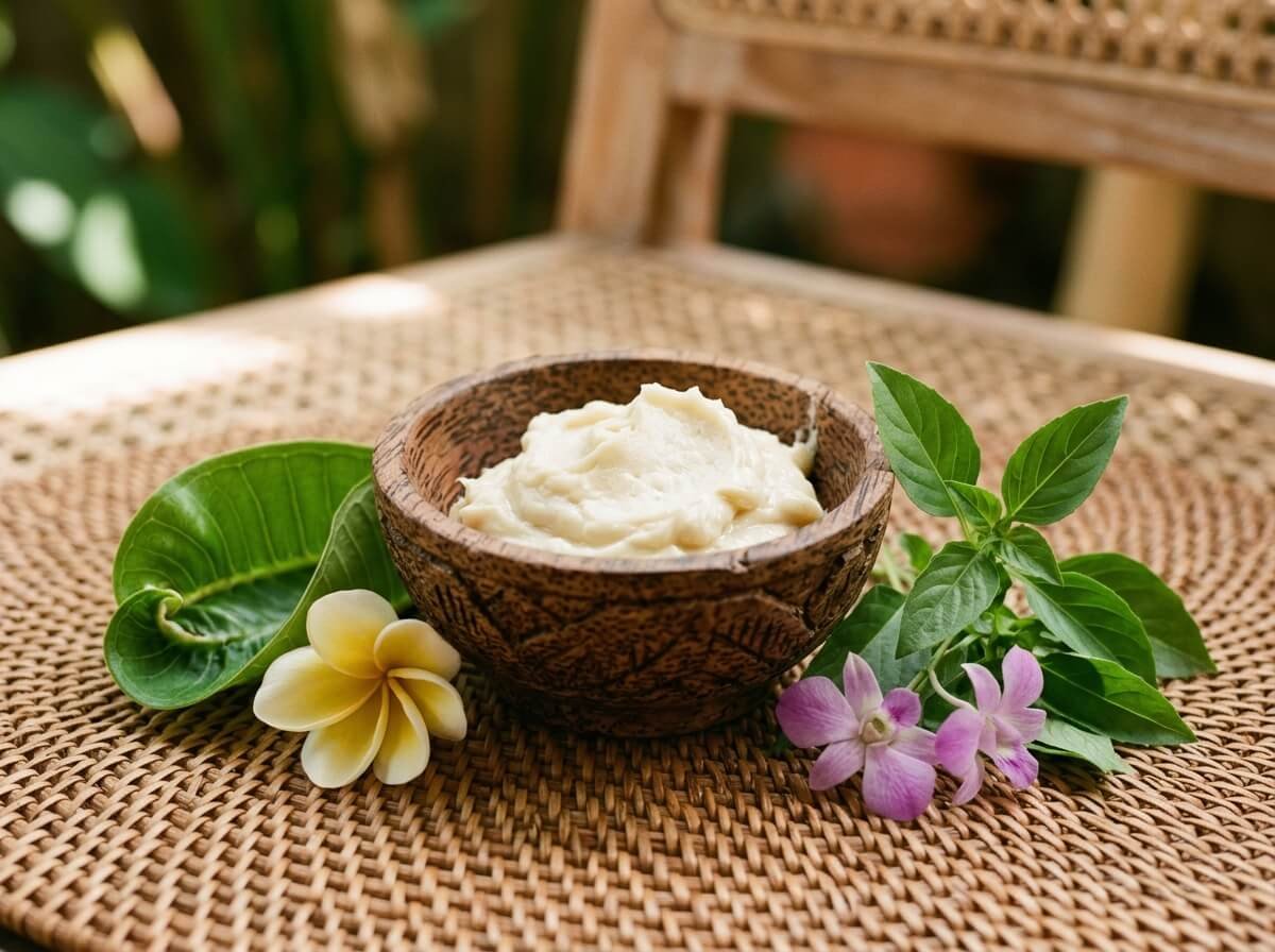 natural body butter ritual with botanical sprigs in a wooden bowl