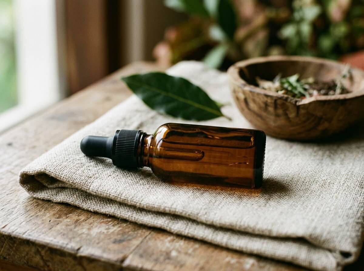 A glass dropper bottle of botanical face oil resting on a folded linen cloth in soft natural light