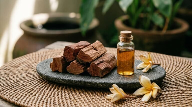 Cendana sandalwood chunks and a small vial of golden essential oil resting on a stone tray with woven rattan and dried frangipani petals