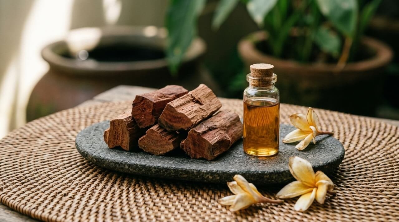 Cendana sandalwood chunks and a small vial of golden essential oil resting on a stone tray with woven rattan and dried frangipani petals