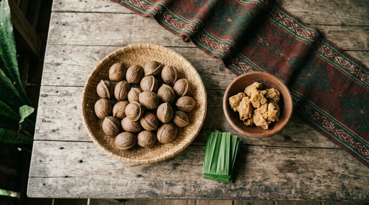 Rainforest workshop table with illipe nuts in rattan basket, raw illipe butter in a clay bowl, pandan leaves, and traditional Dayak woven textile