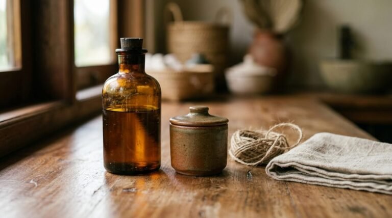 Amber glass bottle and ceramic refill jar on a wooden counter in soft morning window light