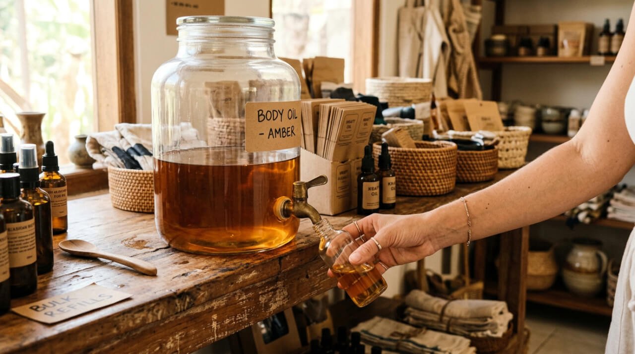 A hand refilling a small glass bottle from a wooden dispenser in a Balinese eco-store