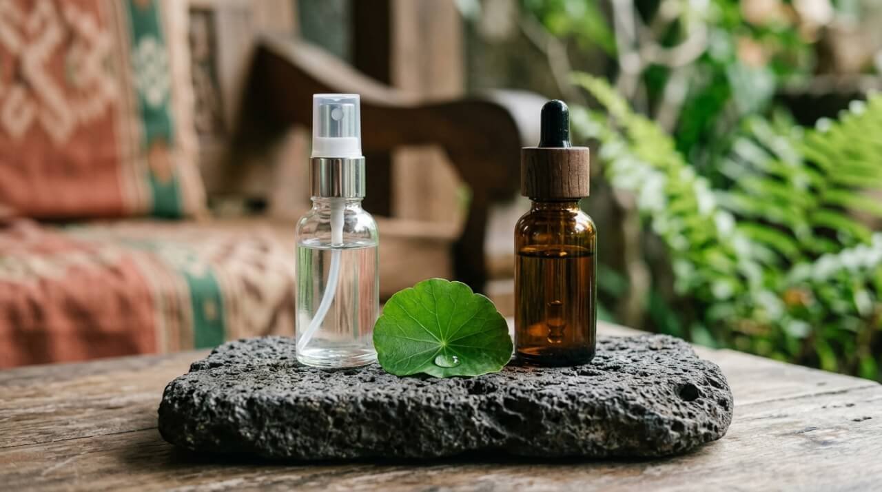 Two apothecary bottles, one hydrating mist and one face oil, on volcanic stone with a dewy leaf