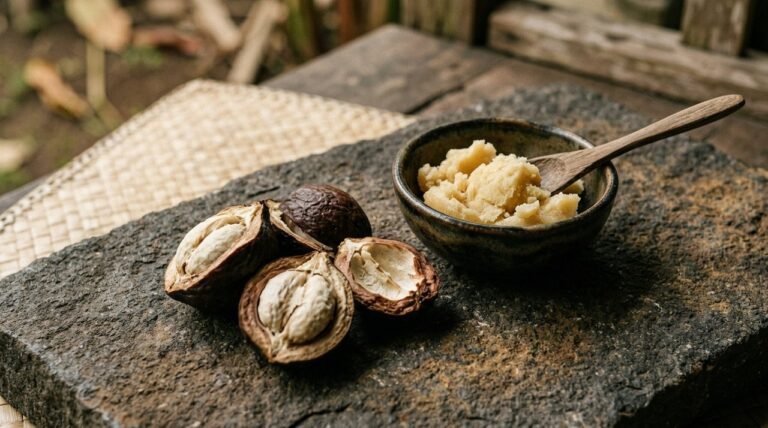 Halved illipe nuts beside a small bowl of pale illipe butter on a stone slab