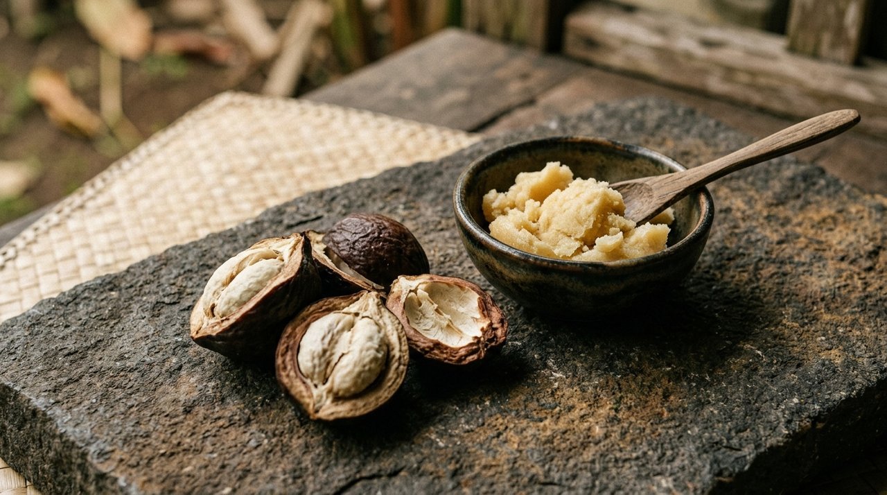 Halved illipe nuts beside a small bowl of pale illipe butter on a stone slab