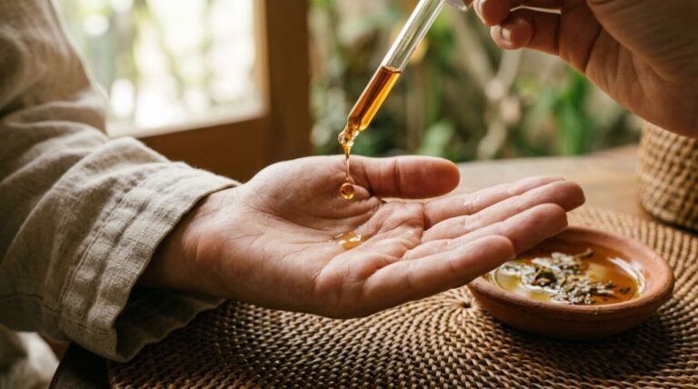 A glass dropper releasing a single drop of amber facial oil onto an open palm beside a ceramic dish on a rattan mat