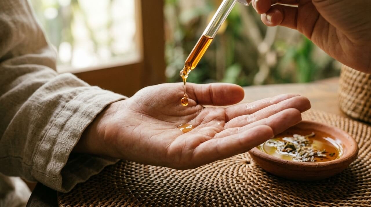 A glass dropper releasing a single drop of amber facial oil onto an open palm beside a ceramic dish on a rattan mat