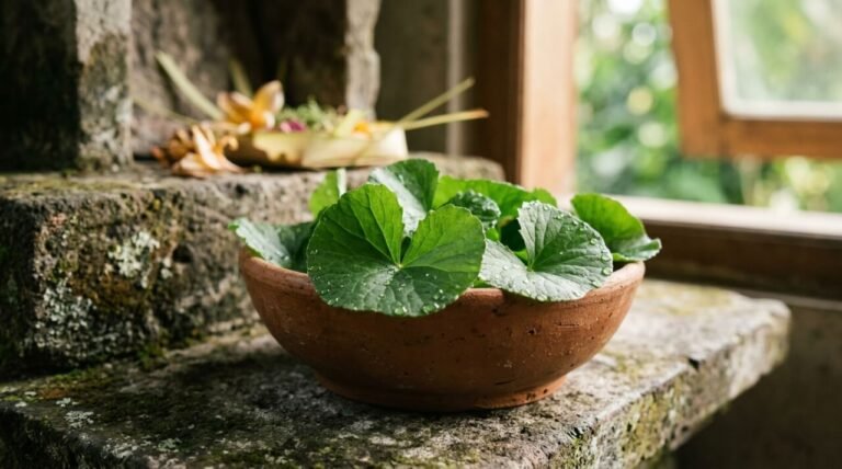 Fresh pegagan leaves resting on a clay bowl on a Balinese stone altar shelf