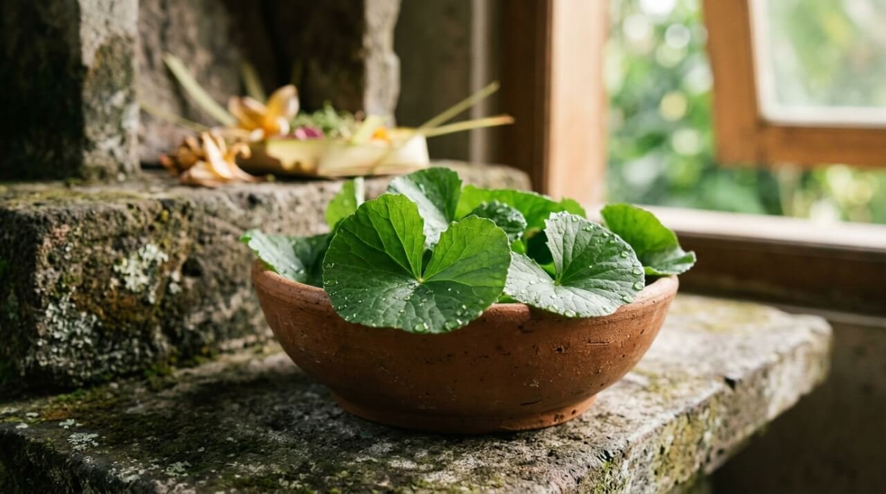 Fresh pegagan leaves resting on a clay bowl on a Balinese stone altar shelf