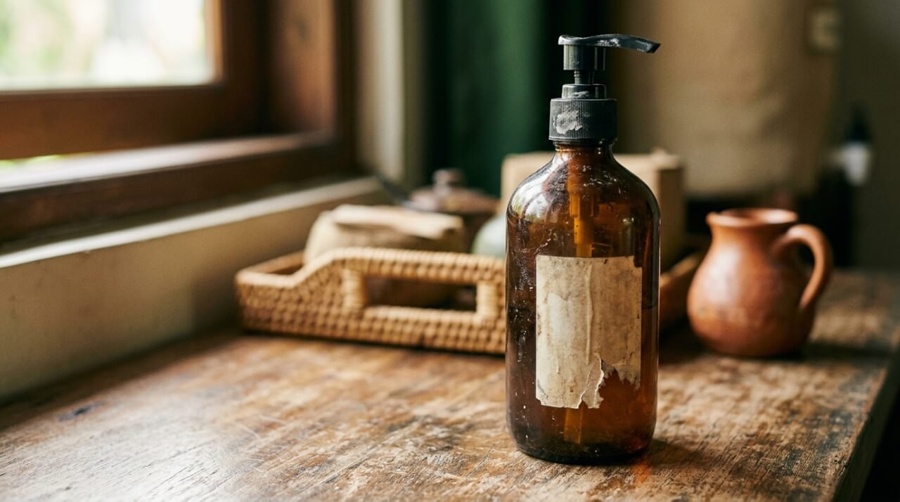 Well-loved amber glass refill bottle on a worn Balinese wooden countertop