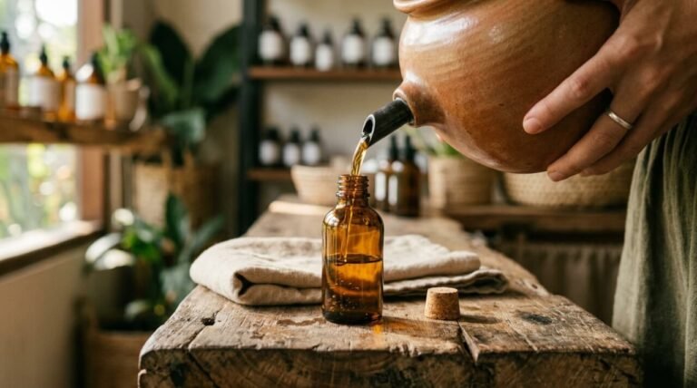 Glass amber bottle being refilled at a wooden refill station counter