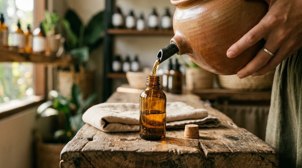 Glass amber bottle being refilled at a wooden refill station counter