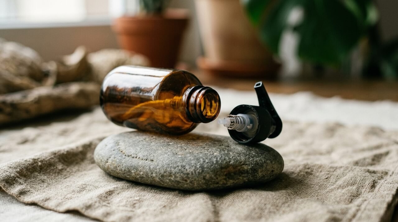amber pump bottle and disassembled pump head on a stone, showing the metal spring and plastic parts