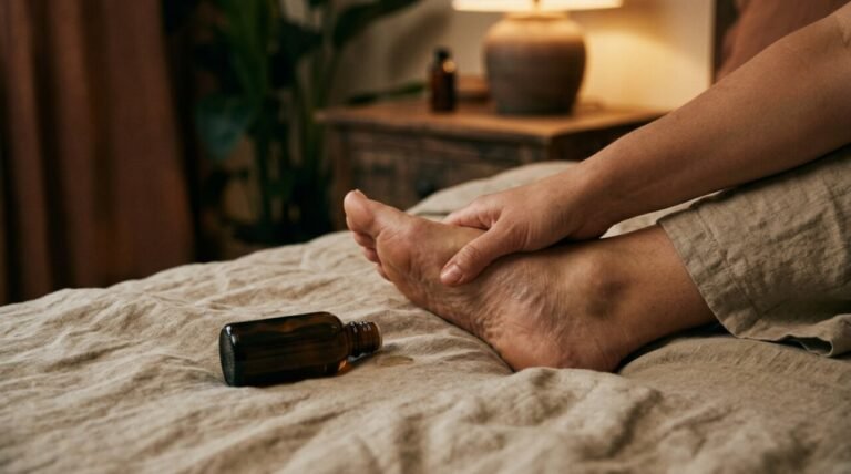 Hand massaging a bare foot on linen sheets with amber body oil nearby