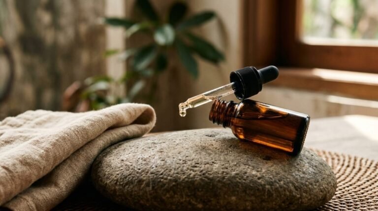Amber body oil dropper bottle resting on a river stone with folded linen, soft morning light