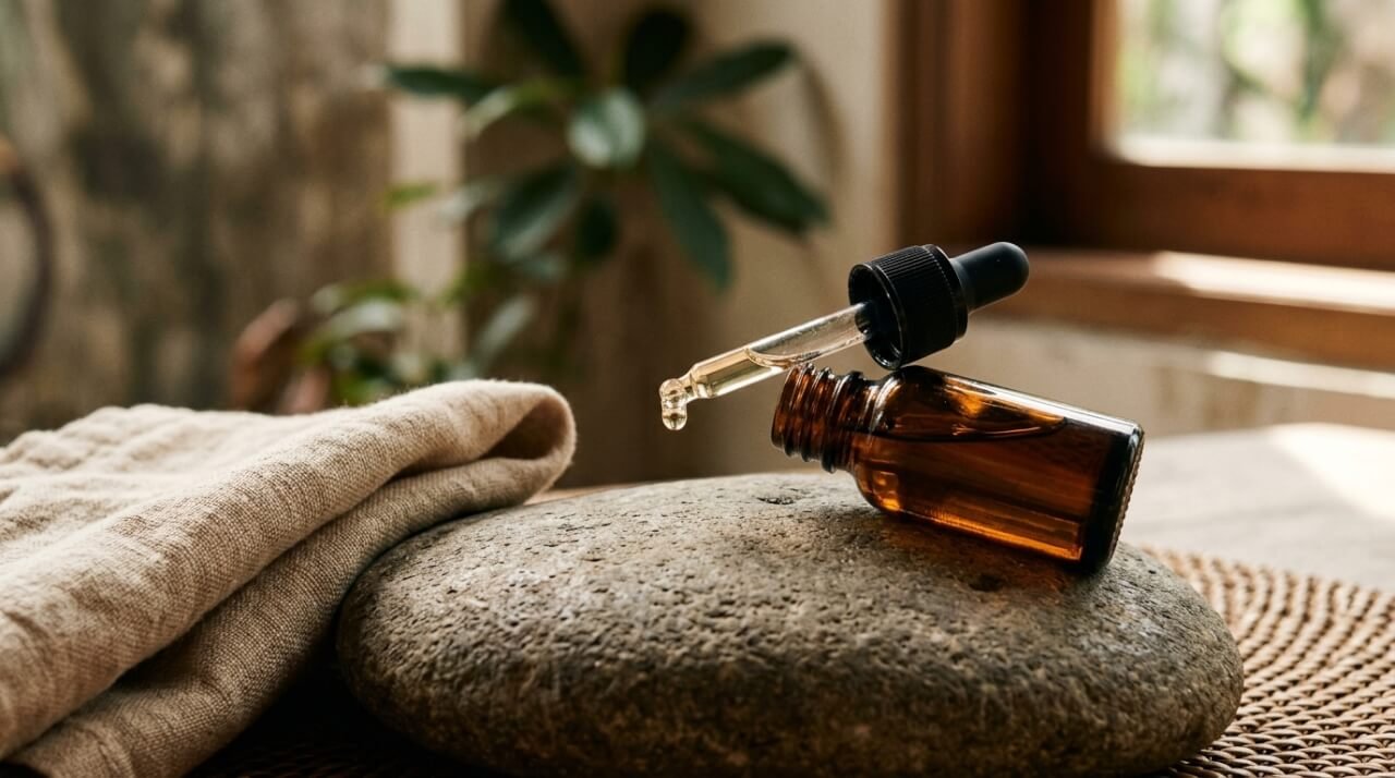 Amber body oil dropper bottle resting on a river stone with folded linen, soft morning light