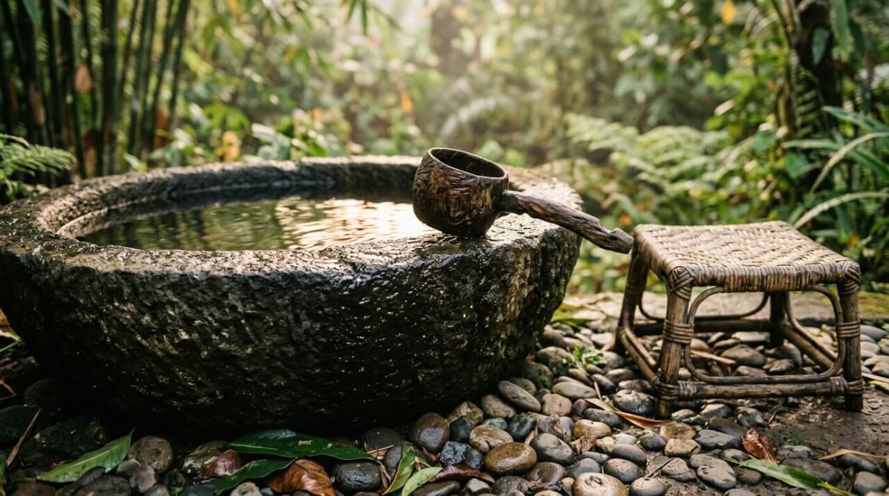 Stone water basin and hand-carved wooden dipper in a Balinese open-air bathroom at dawn