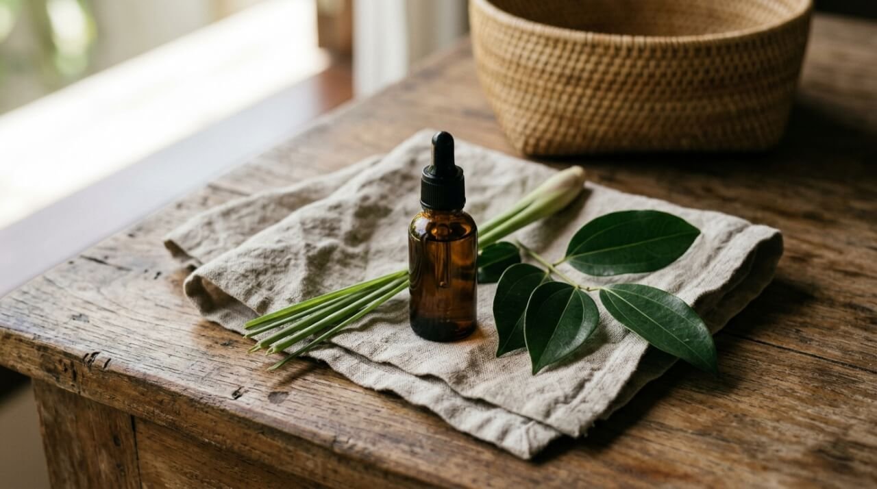 Amber glass dropper bottle on linen with lemongrass and cassia leaves in soft Bali morning light