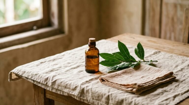 Quiet still life of an amber glass bottle, bay leaves, and folded muslin on a linen-draped wooden table in soft morning light