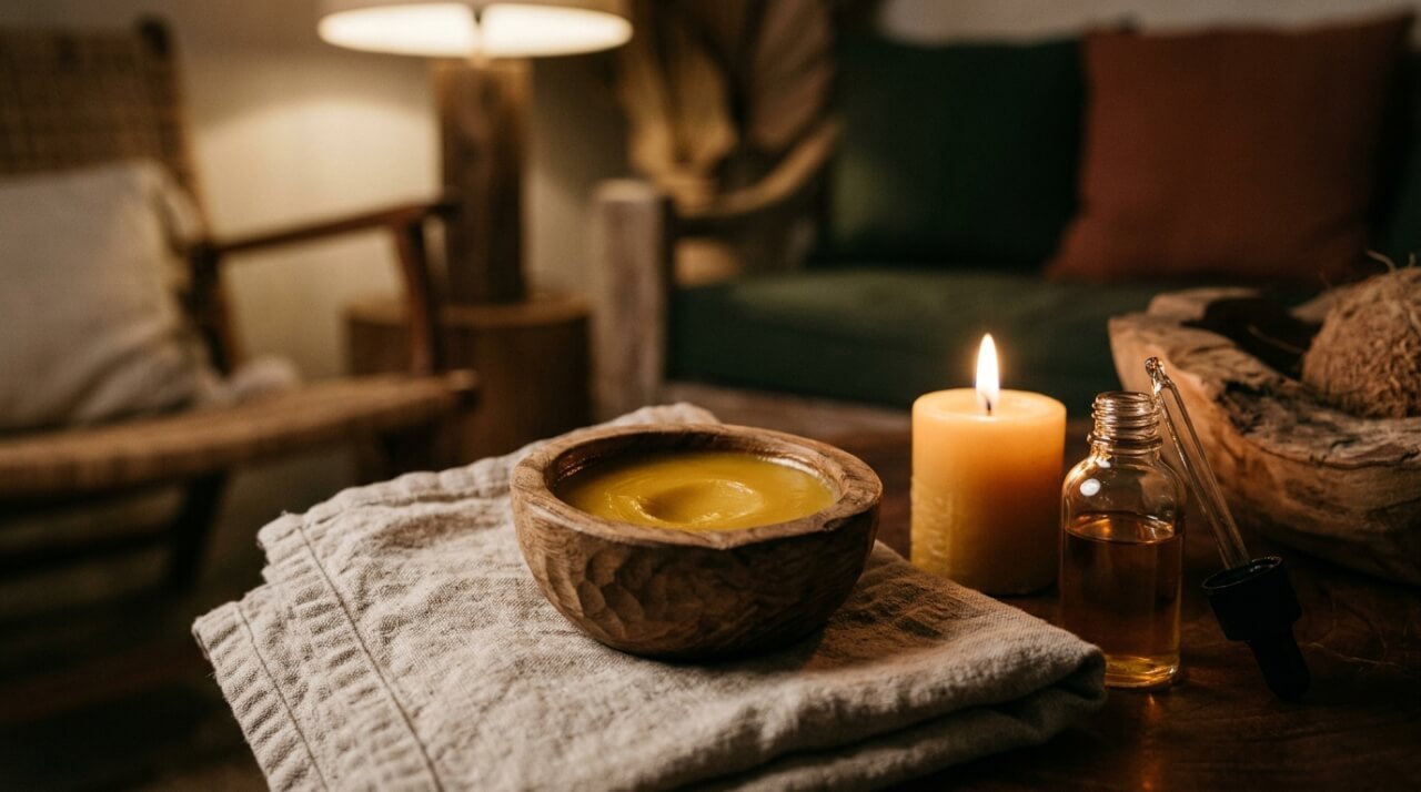 Quiet evening skincare ritual: balm, candle, and oil on linen