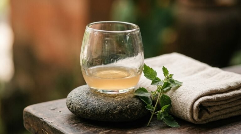 clear glass vessel of natural liquid face wash on river stone with linen and fresh herbs