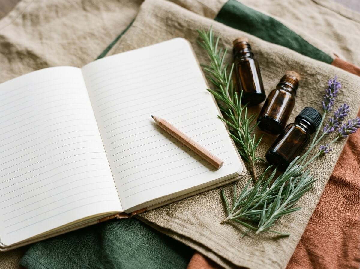 Flat lay of open notebook, fresh sprigs of rosemary and lavender, and small essential oil bottles on linen