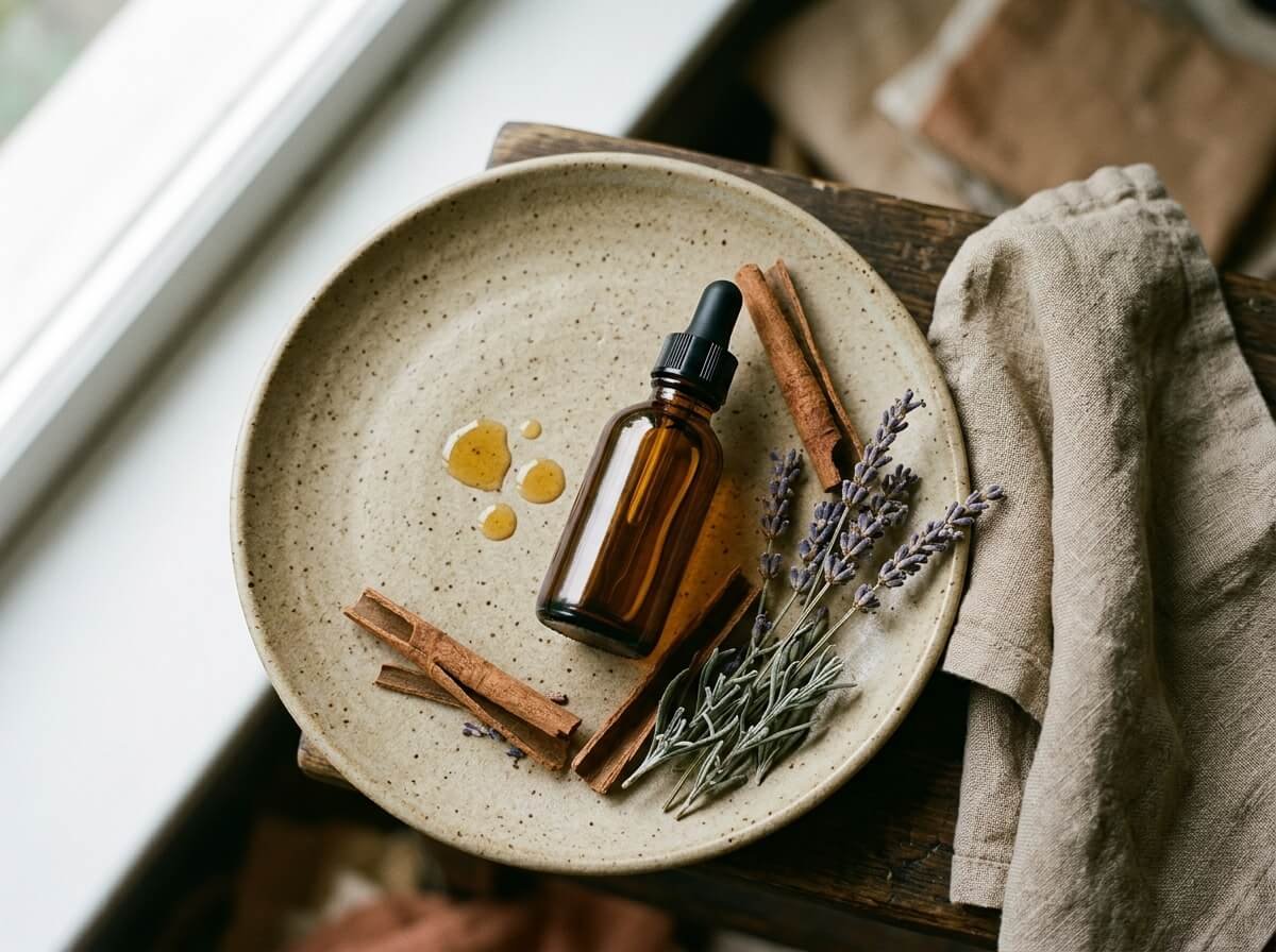 Glass dropper bottle pouring amber essential oil onto a wooden surface, drops mid-air, natural daylight