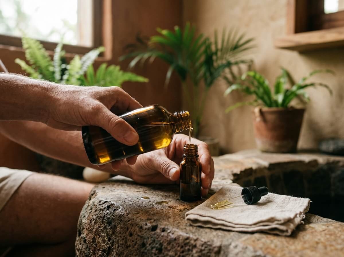 Hands refilling a small amber glass bottle from a larger essential oil container on a stone counter
