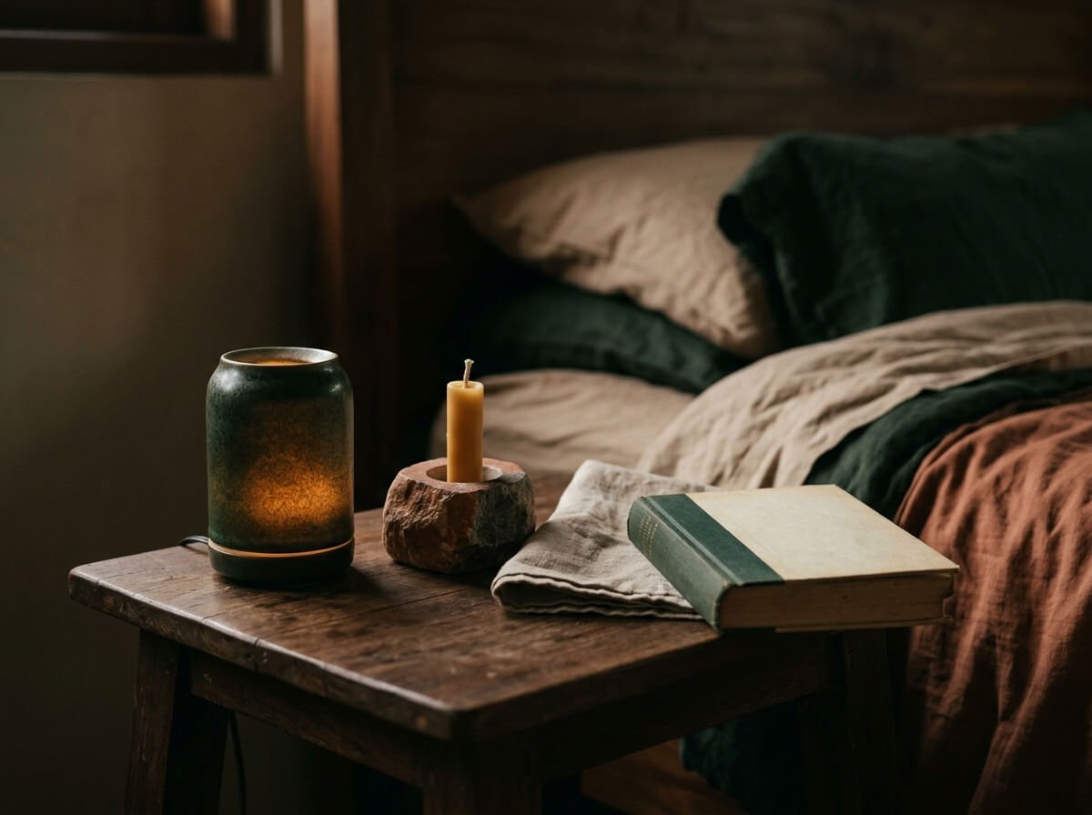 Quiet bedside table at dusk with a soft glowing diffuser, linen sheets, and a candle, calm ambient mood