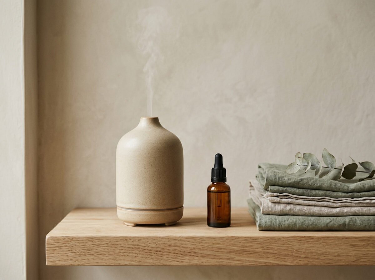 Ceramic ultrasonic diffuser releasing fine mist on a wooden shelf with linen and a glass bottle