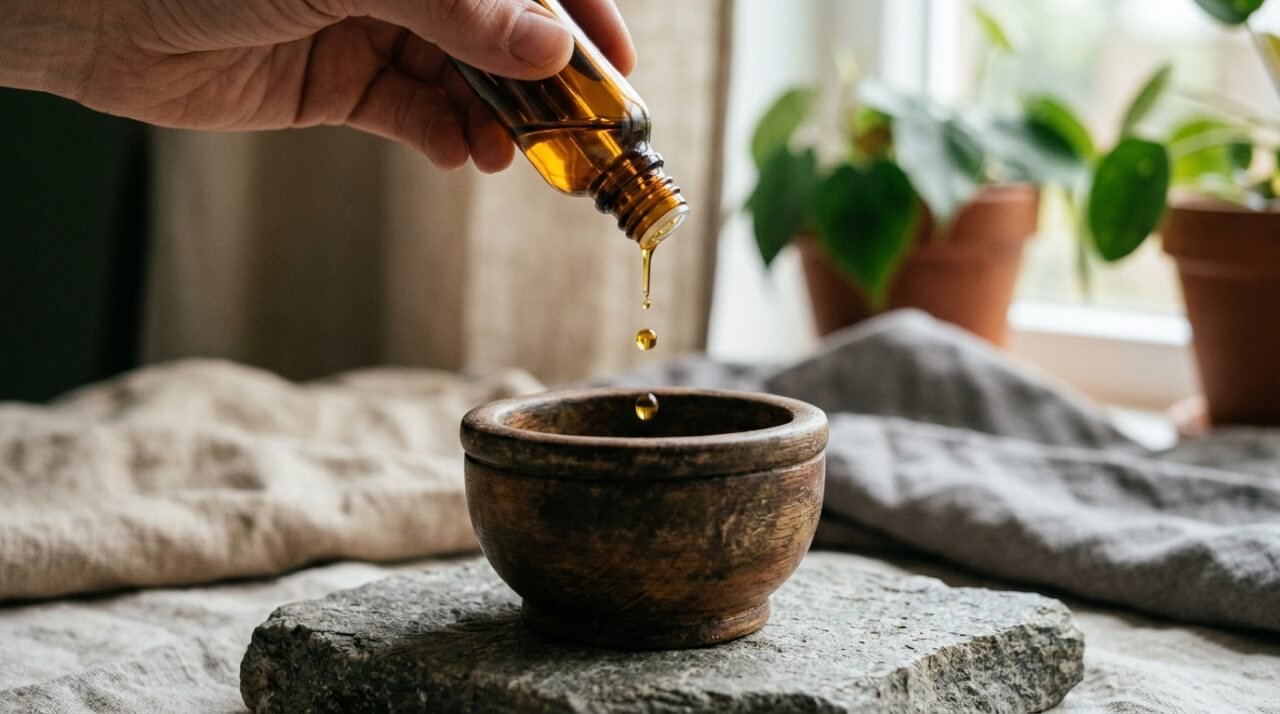 essential oil blends for diffuser, dropper bottle pouring amber oil onto wooden mortar with natural daylight